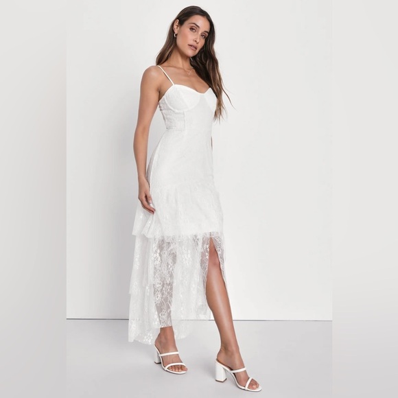 Lulus size small, Elaborate Love White Lace Bustier Tiered High-Low Maxi Dress - Picture 5 of 7